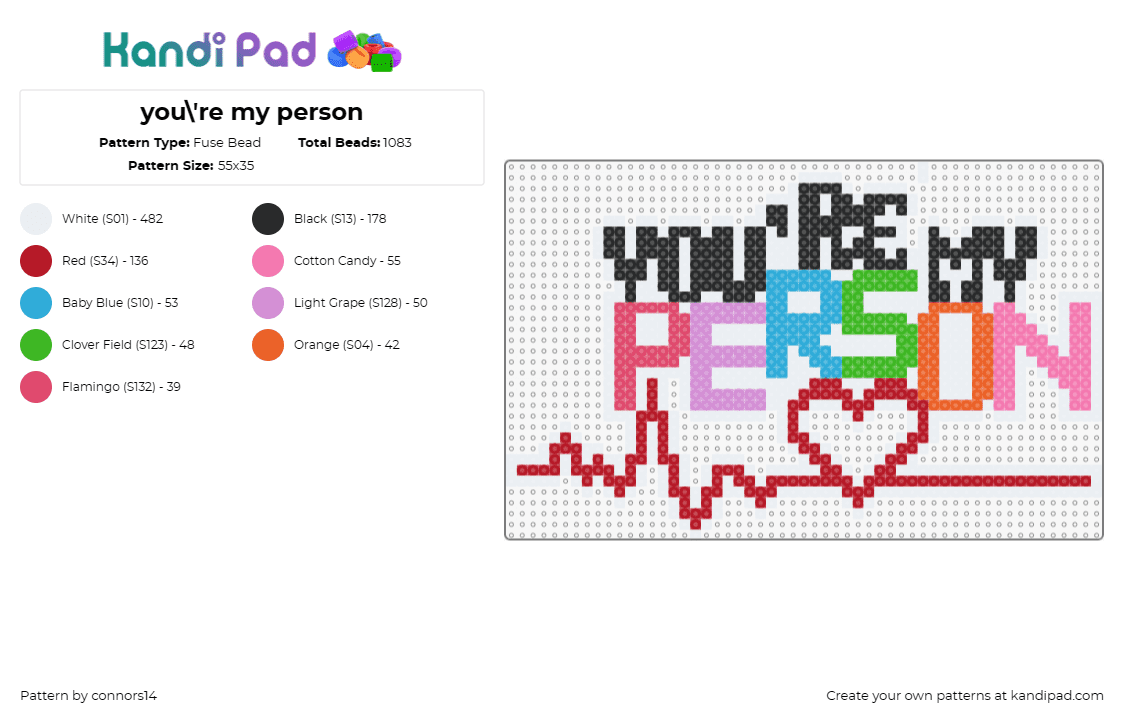 you\'re my person - Fuse Bead Pattern by connors14 on Kandi Pad - love,text,heartbeat,affection,message,heart,ekg,sentiment,appreciation,red