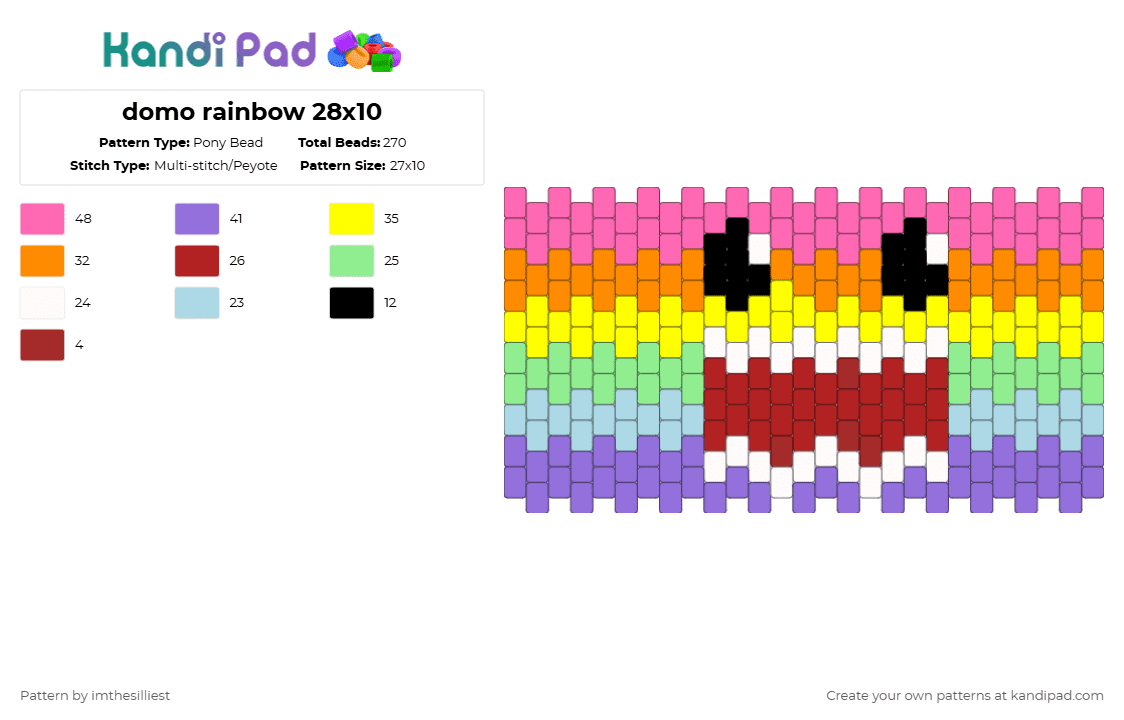 domo rainbow 28x10 - Pony Bead Pattern by imthesilliest on Kandi Pad - pink,yellow,purple,colorful,domo