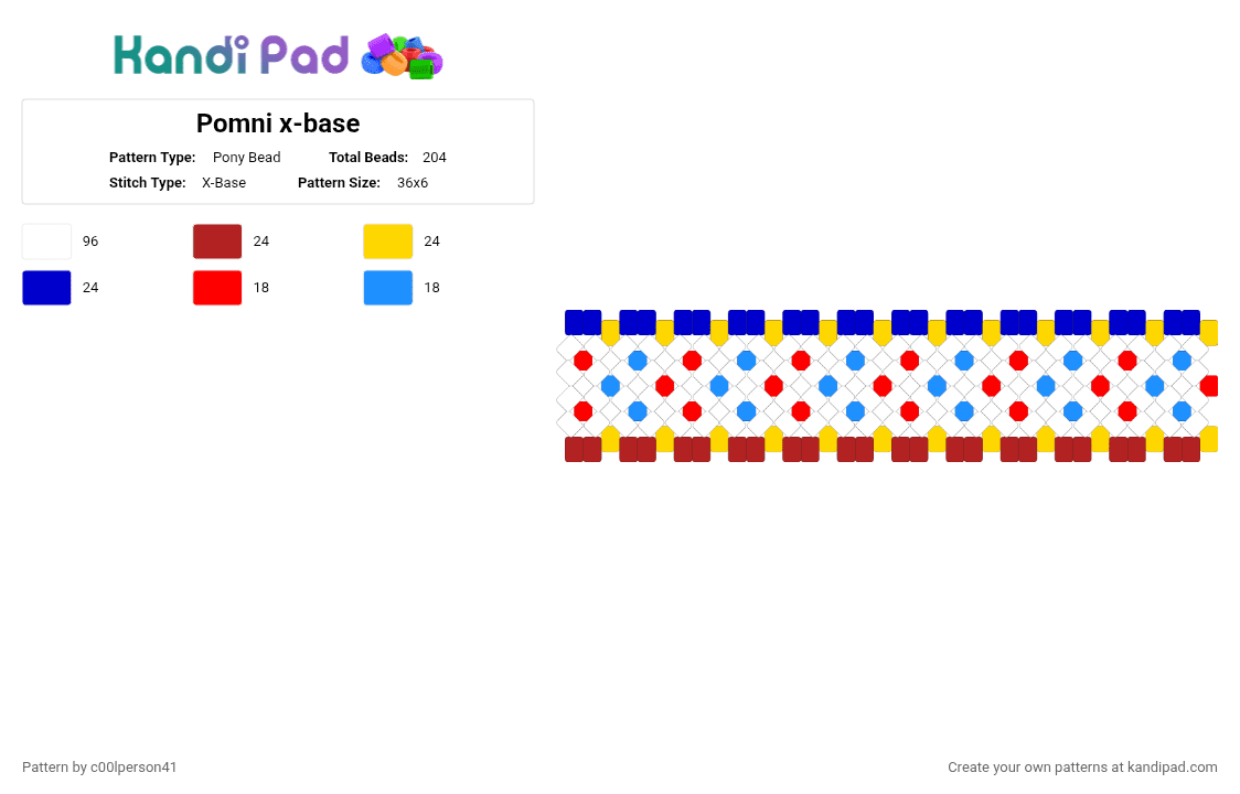 Pomni x-base - Pony Bead Pattern by c00lperson41 on Kandi Pad - white,red