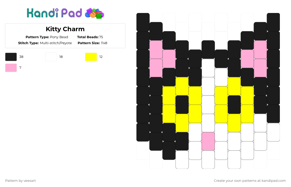 Kitty Charm - Pony Bead Pattern by veesart on Kandi Pad - yellow,pink,kitty,cat,tuxedocat,charm,cute