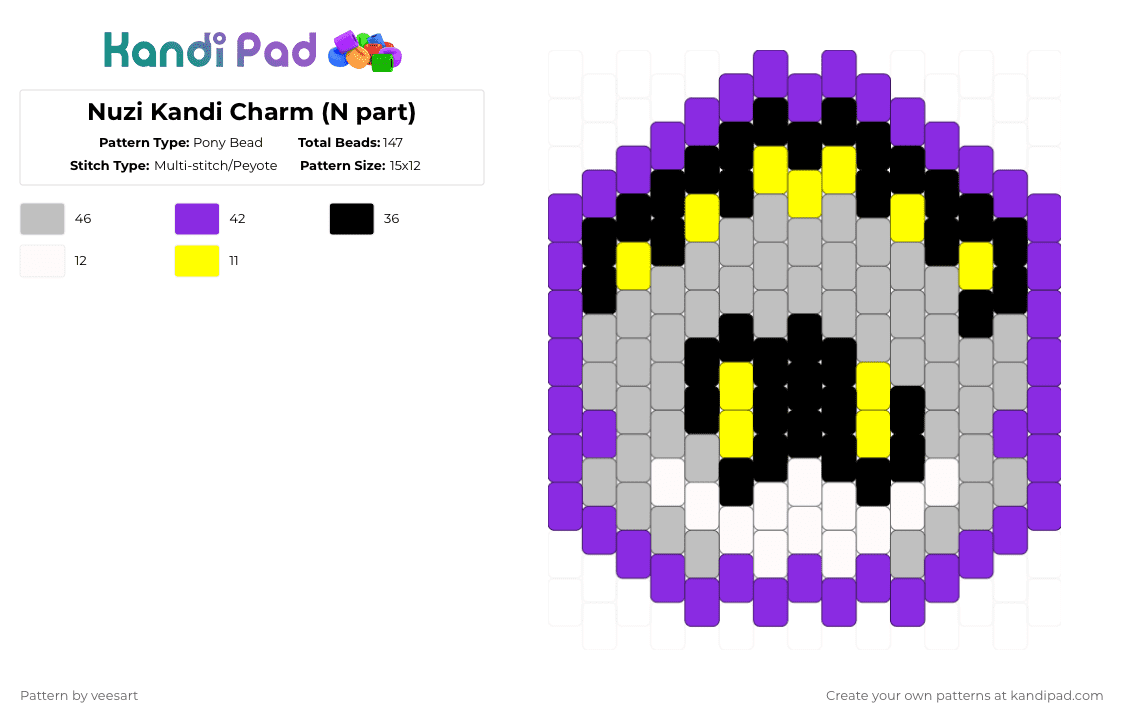 Nuzi Kandi Charm (N part) - Pony Bead Pattern by veesart on Kandi Pad - beige,purple,murderdrones,nuzi,md,mdn,nmurderdrones,nuzimurderdrones,yellow