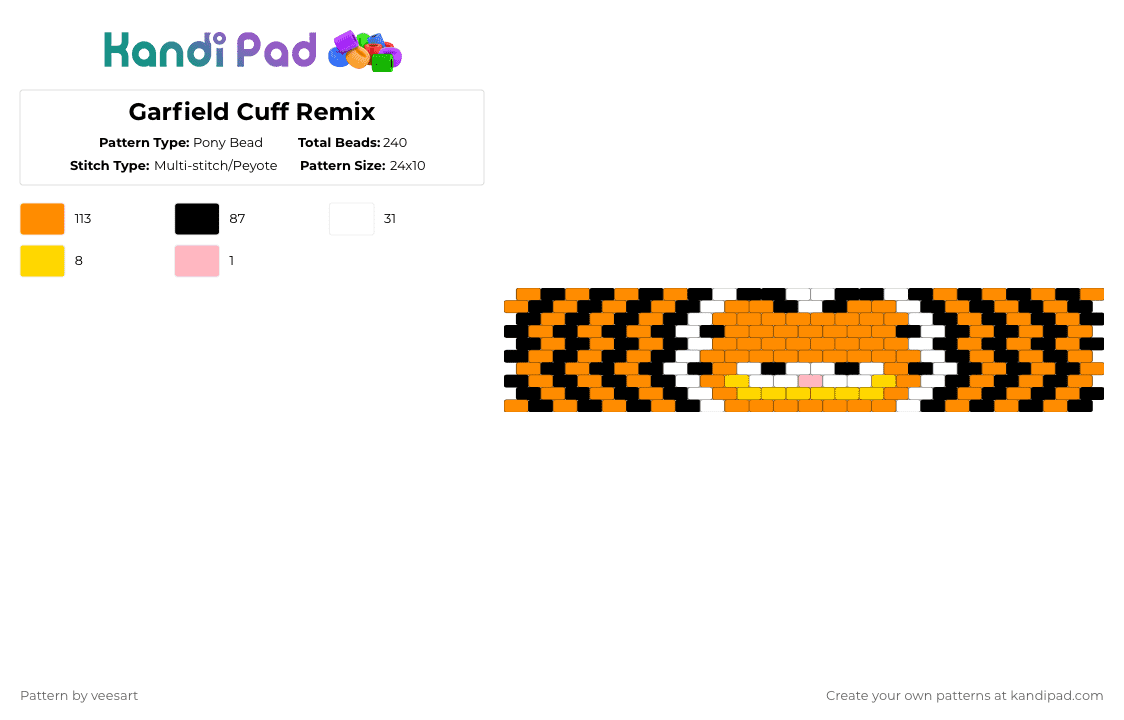 Garfield Cuff Remix - Pony Bead Pattern by veesart on Kandi Pad - orange,garfield,character,cat,black