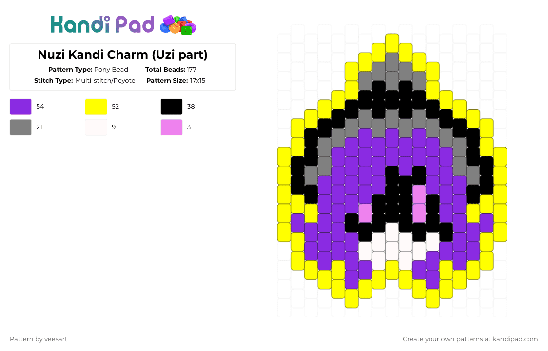 Nuzi Kandi Charm (Uzi part) - Pony Bead Pattern by veesart on Kandi Pad - purple,yellow,murderdrones,uzimurderdrones,uzimd,nuzimurderdrones,nuzi,drones