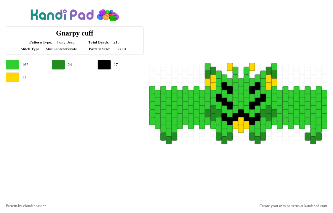 Gnarpy cuff - Pony Bead Pattern by cloudtheasher on Kandi Pad - green