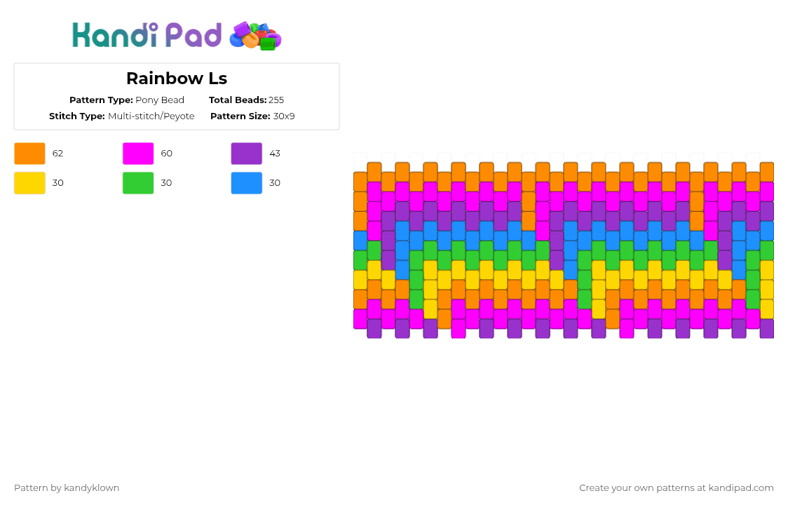 Rainbow Ls - Pony Bead Pattern by kandyklown on Kandi Pad - 