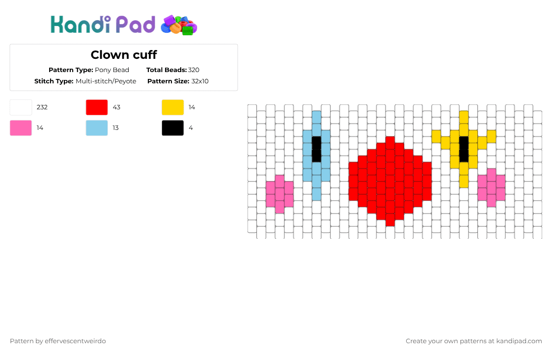 Clown cuff - Pony Bead Pattern by effervescentweirdo on Kandi Pad - white,red,cotdaprilfoolsday2026,black,yellow,blue,pink,clown,silly
