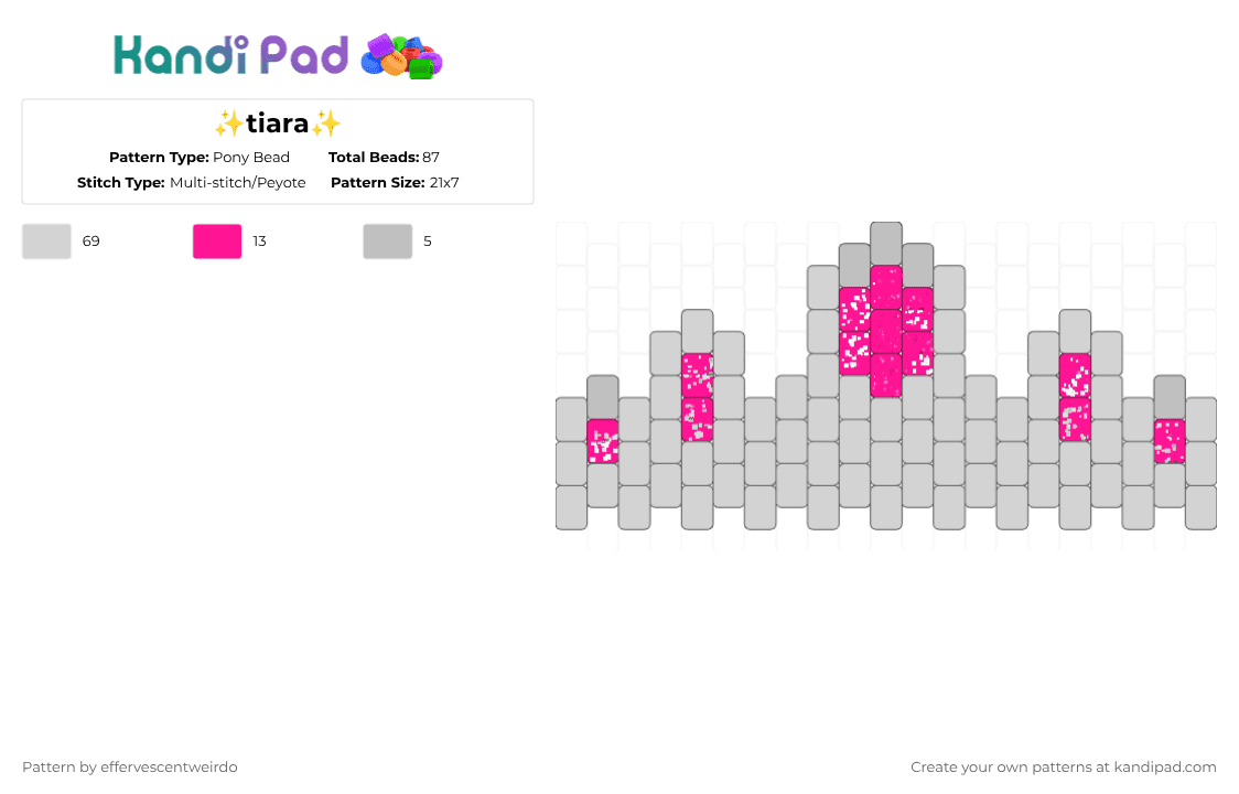 ✨tiara✨ - Pony Bead Pattern by effervescentweirdo on Kandi Pad - white,beige,pink,cotdcrowns,grey,scene,simple