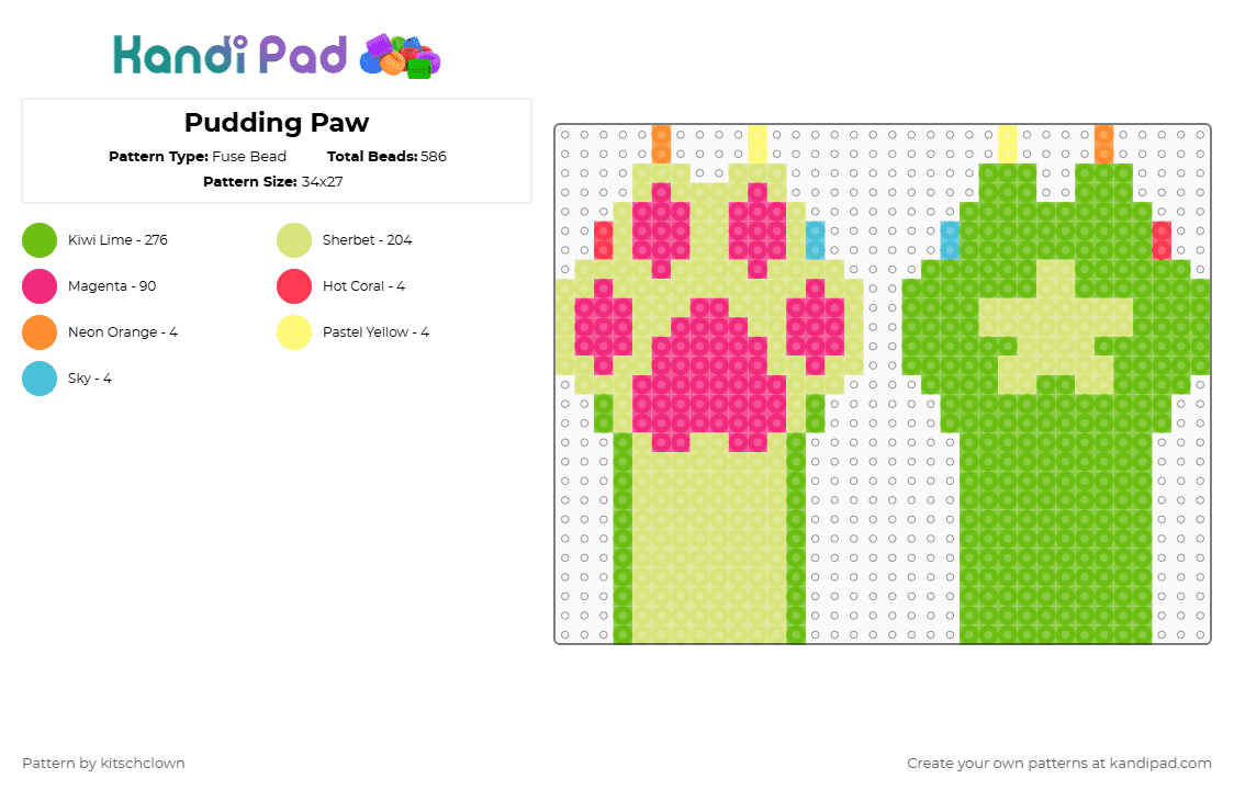 Pudding Paw - Fuse Bead Pattern by kitschclown on Kandi Pad - yellow,green,pink
