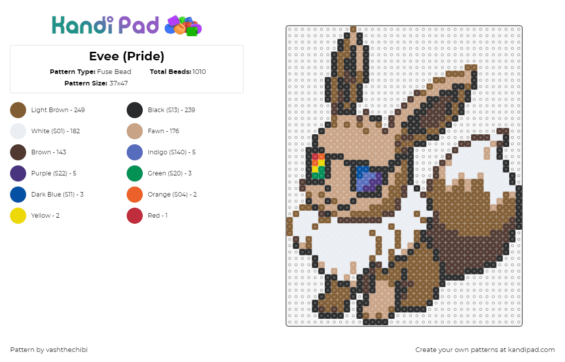 Evee (Pride) - Fuse Bead Pattern by vashthechibi on Kandi Pad - eevee,pokemon,sunglasses,pride,cool,cute,character,gaming,tan,brown,white