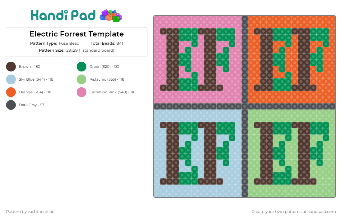 Electric Forrest Template - Fuse Bead Pattern by vashthechibi on Kandi Pad - ef,electric forest,festival,colorful,text,music,edm,pink,orange,light blue,green,brown