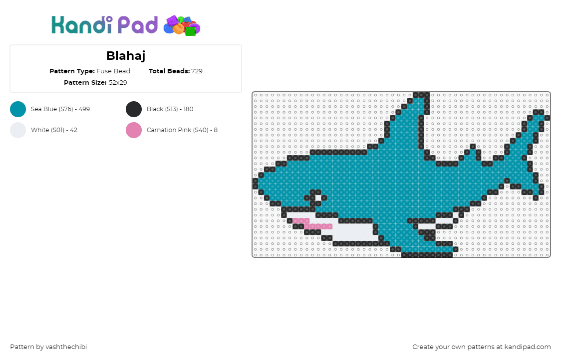 Blahaj - Fuse Bead Pattern by vashthechibi on Kandi Pad - blahaj,shark,ikea,fish,animal,cute,teal