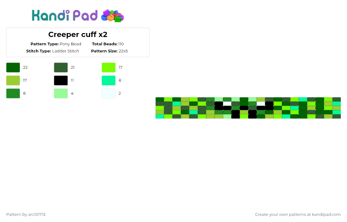 Creeper cuff x2 - Pony Bead Pattern by arc121713 on Kandi Pad - green