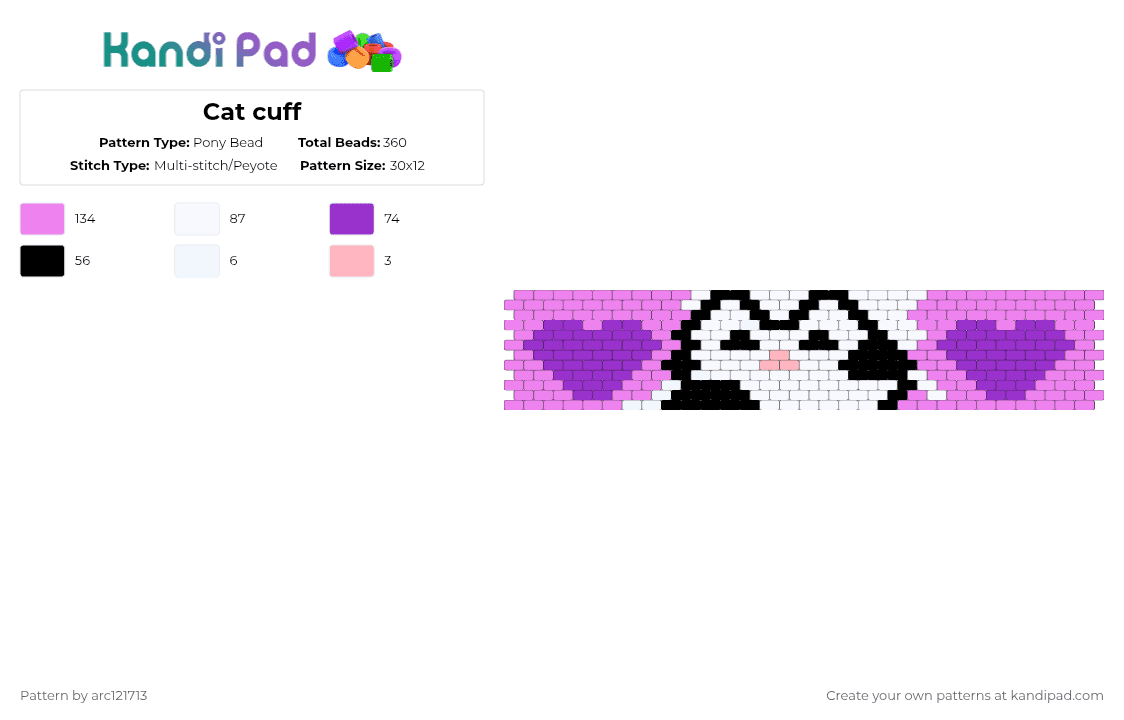 Cat cuff - Pony Bead Pattern by arc121713 on Kandi Pad - pink,purple