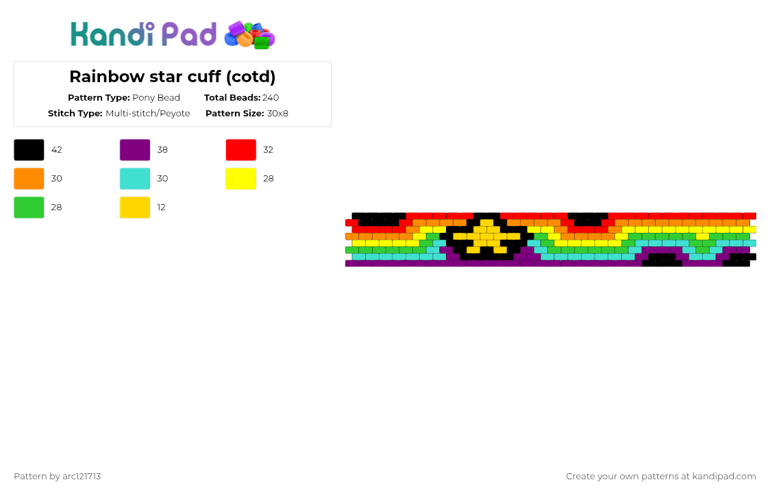 Rainbow star cuff (cotd) - Pony Bead Pattern by arc121713 on Kandi Pad - red,yellow,pink,cotdstars