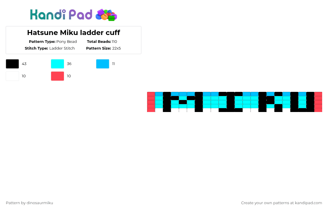 Hatsune Miku ladder cuff - Pony Bead Pattern by dinosaurmiku on Kandi Pad - light blue,miku,vocaloid,hatsune miku