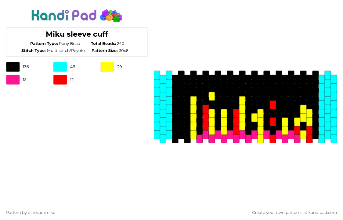 Miku sleeve cuff - Pony Bead Pattern by dinosaurmiku on Kandi Pad - black,yellow,light blue