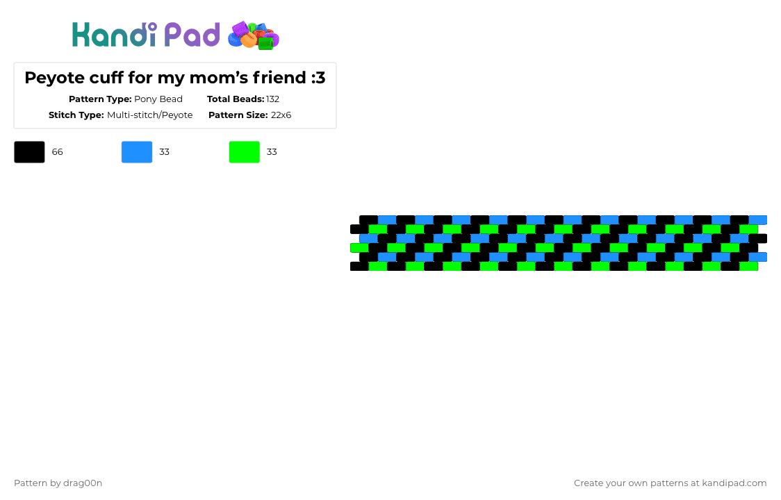 Peyote cuff for my mom’s friend :3 - Pony Bead Pattern by drag00n on Kandi Pad - light blue,green,stripes,stripe,black,blue,black and green,black and blue,blue and green