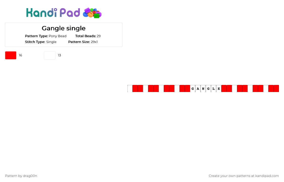 Gangle single - Pony Bead Pattern by drag00n on Kandi Pad - white,red