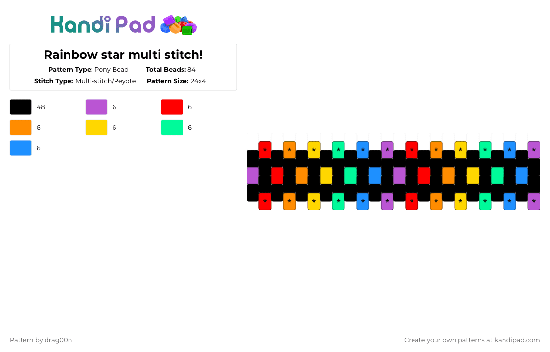 Rainbow star multi stitch! - Pony Bead Pattern by drag00n on Kandi Pad - black,red,yellow,light blue,colorful,rainbow,black and rainbow,cuff,multi stitch,peyote