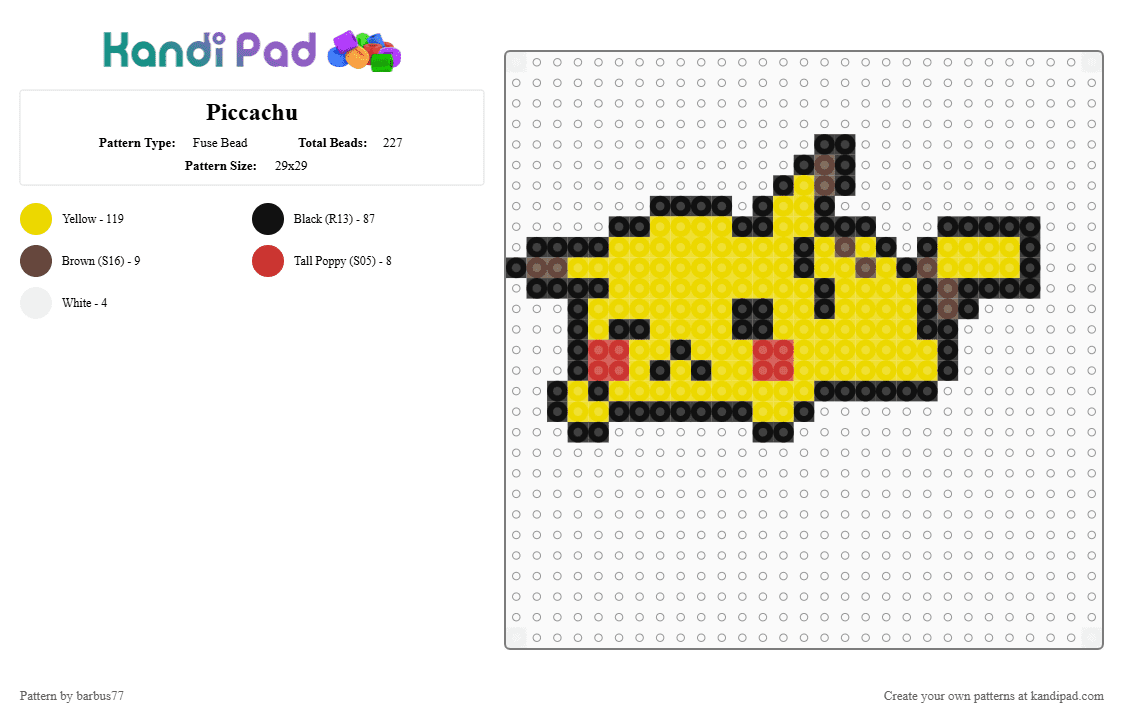 Piccachu - Fuse Bead Pattern by barbus77 on Kandi Pad - yellow