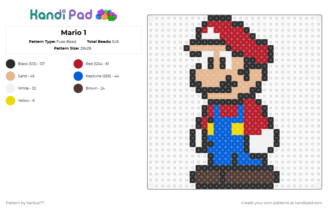 Mario 1 - Fuse Bead Pattern by barbus77 on Kandi Pad - red,blue,beige