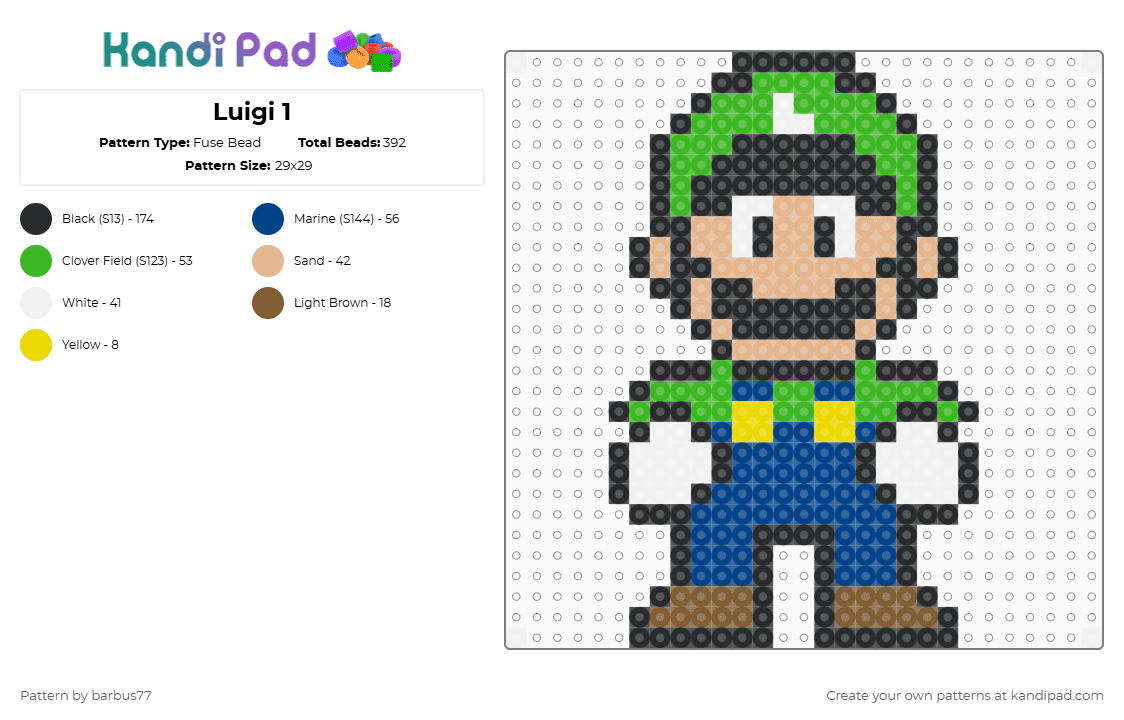 Luigi 1 - Fuse Bead Pattern by barbus77 on Kandi Pad - black,green,blue,beige