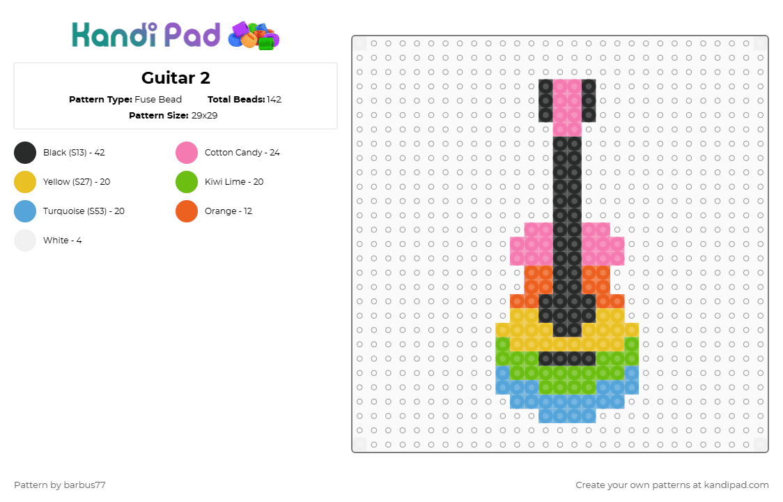 Guitar 2 - Fuse Bead Pattern by barbus77 on Kandi Pad - pink,yellow,green,light blue