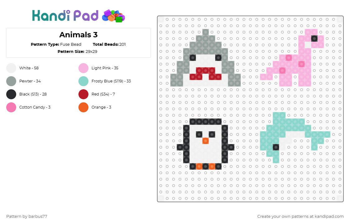 Animals 3 - Fuse Bead Pattern by barbus77 on Kandi Pad - gray,pink,light blue
