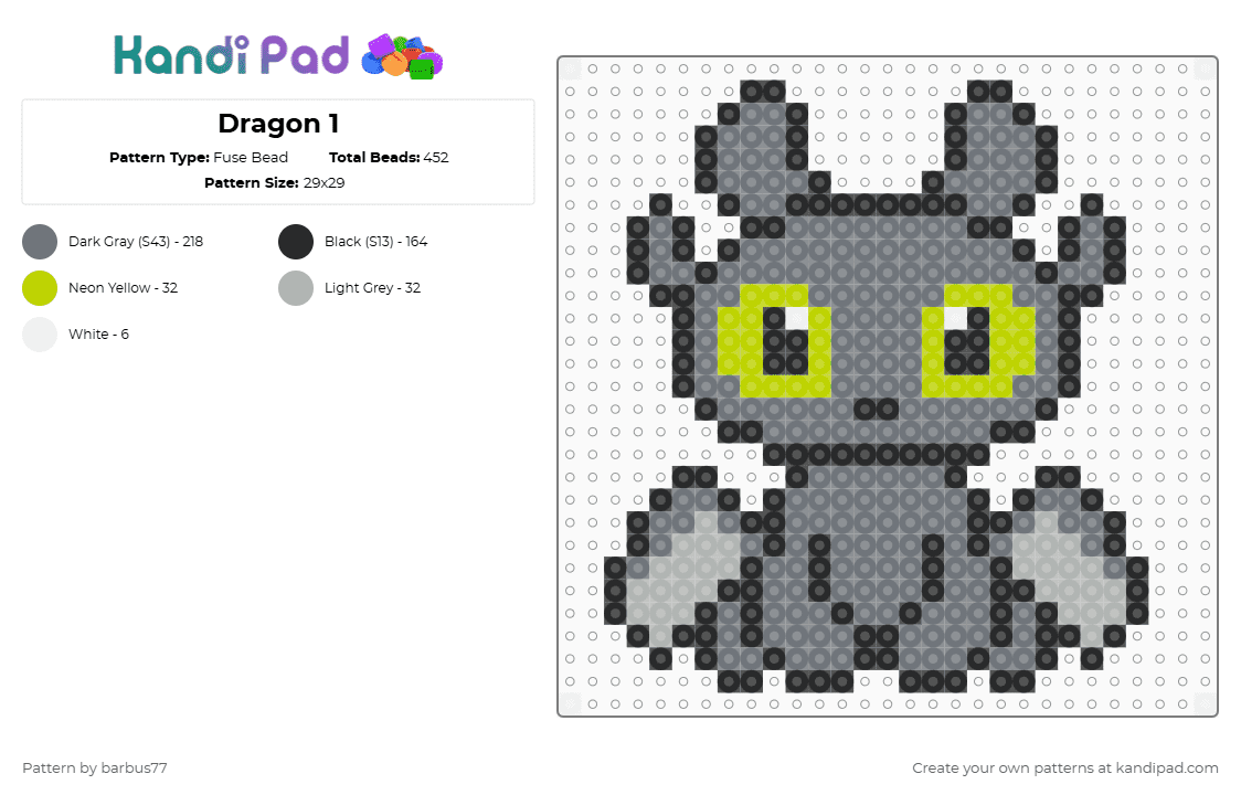 Dragon 1 - Fuse Bead Pattern by barbus77 on Kandi Pad - gray