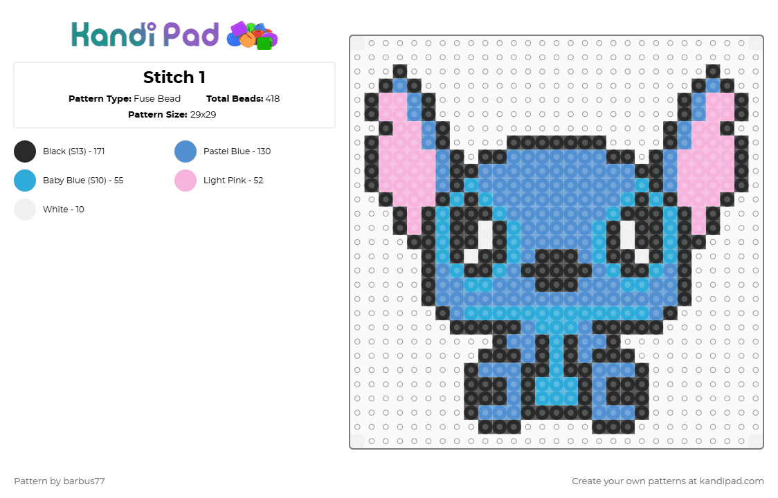 Stitch 1 - Fuse Bead Pattern by barbus77 on Kandi Pad - light blue
