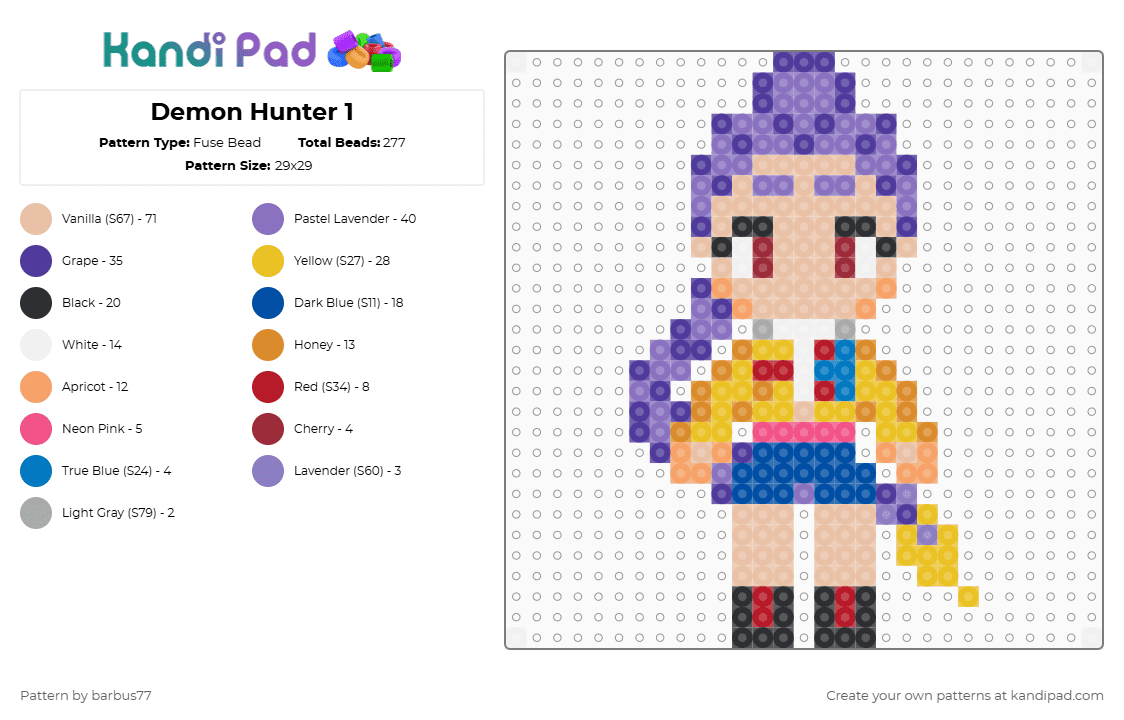 Demon Hunter 1 - Fuse Bead Pattern by barbus77 on Kandi Pad - purple,blue,beige,yellow