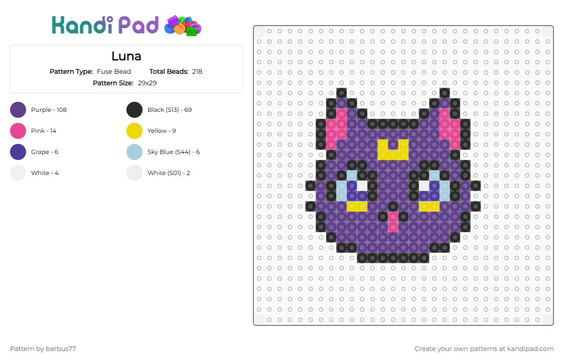 Luna - Fuse Bead Pattern by barbus77 on Kandi Pad - purple