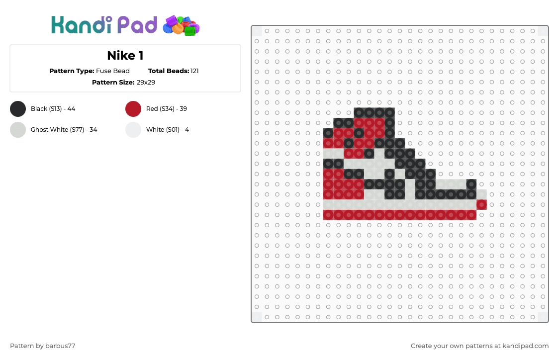 Nike 1 - Fuse Bead Pattern by barbus77 on Kandi Pad - white,red