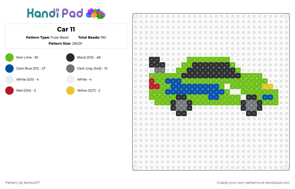 Car 11 - Fuse Bead Pattern by barbus77 on Kandi Pad - green,blue