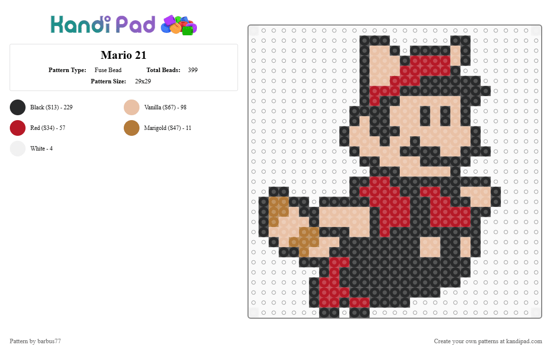 Mario 21 - Fuse Bead Pattern by barbus77 on Kandi Pad - black,beige,red