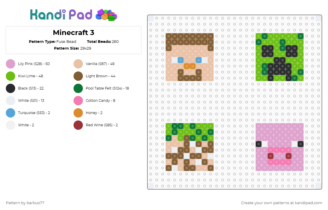 Minecraft 3 - Fuse Bead Pattern by barbus77 on Kandi Pad - tan,beige,green,pink