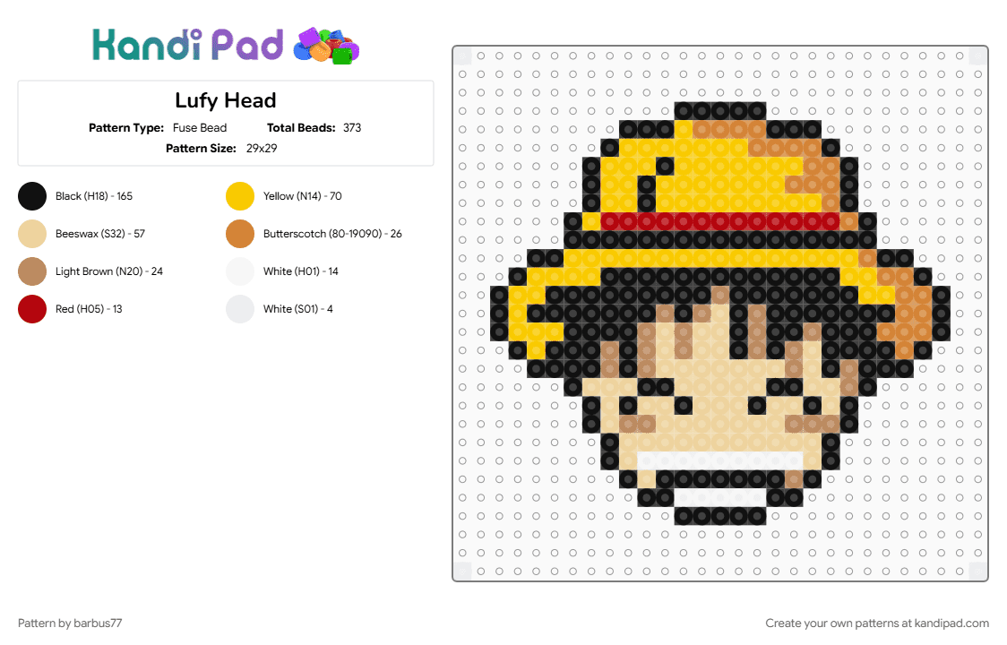 Lufy Head - Fuse Bead Pattern by barbus77 on Kandi Pad - beige, black, yellow