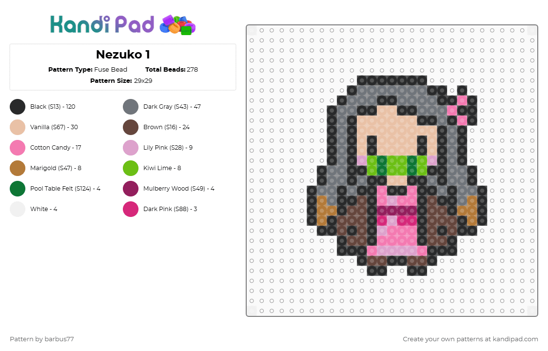 Nezuko 1 - Fuse Bead Pattern by barbus77 on Kandi Pad - black,gray,brown,colorful