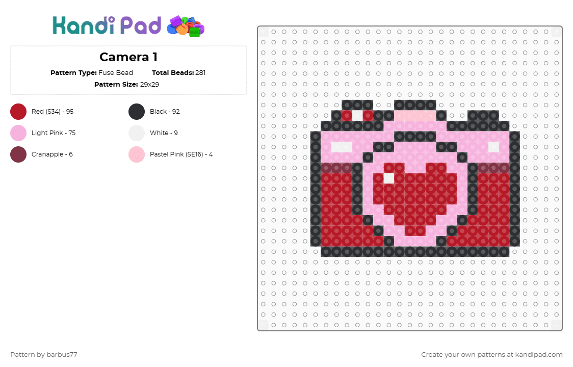 Camera 1 - Fuse Bead Pattern by barbus77 on Kandi Pad - pink,red