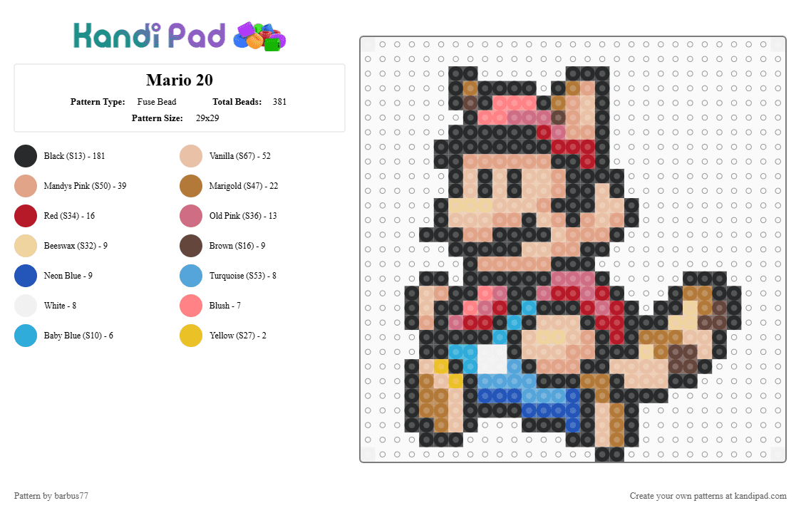 Mario 20 - Fuse Bead Pattern by barbus77 on Kandi Pad - beige, black, red, tan