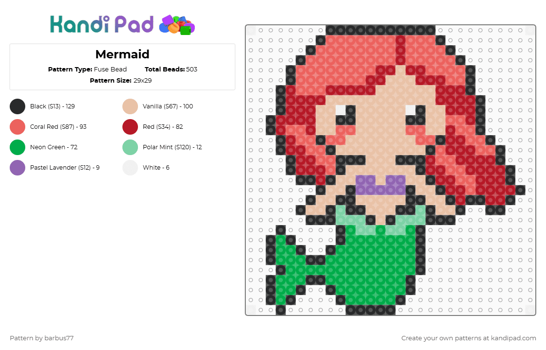 Mermaid - Fuse Bead Pattern by barbus77 on Kandi Pad - ariel,green,red,beige