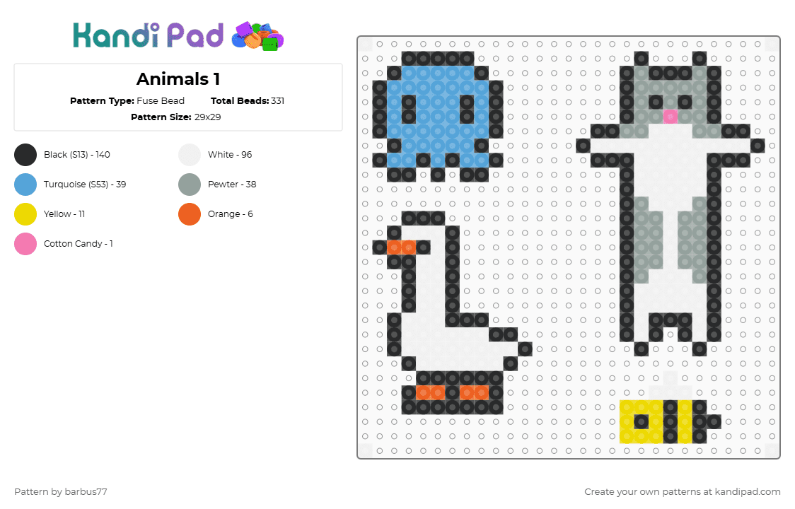 Animals 1 - Fuse Bead Pattern by barbus77 on Kandi Pad - white,light blue,gray