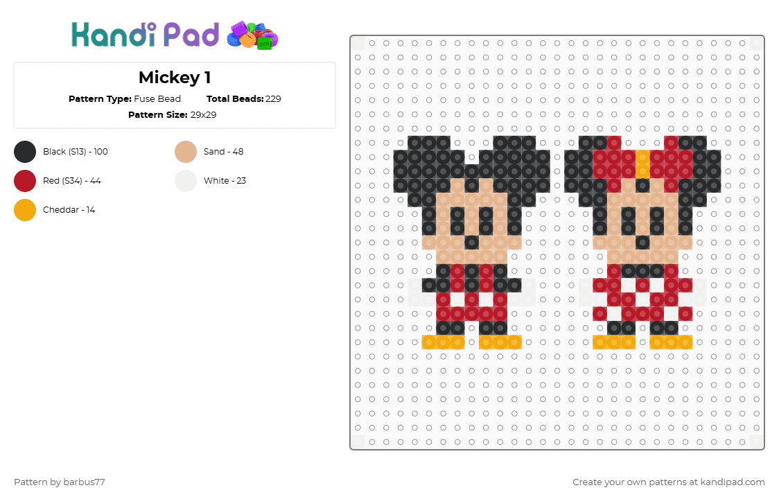 Mickey 1 - Fuse Bead Pattern by barbus77 on Kandi Pad - beige, red