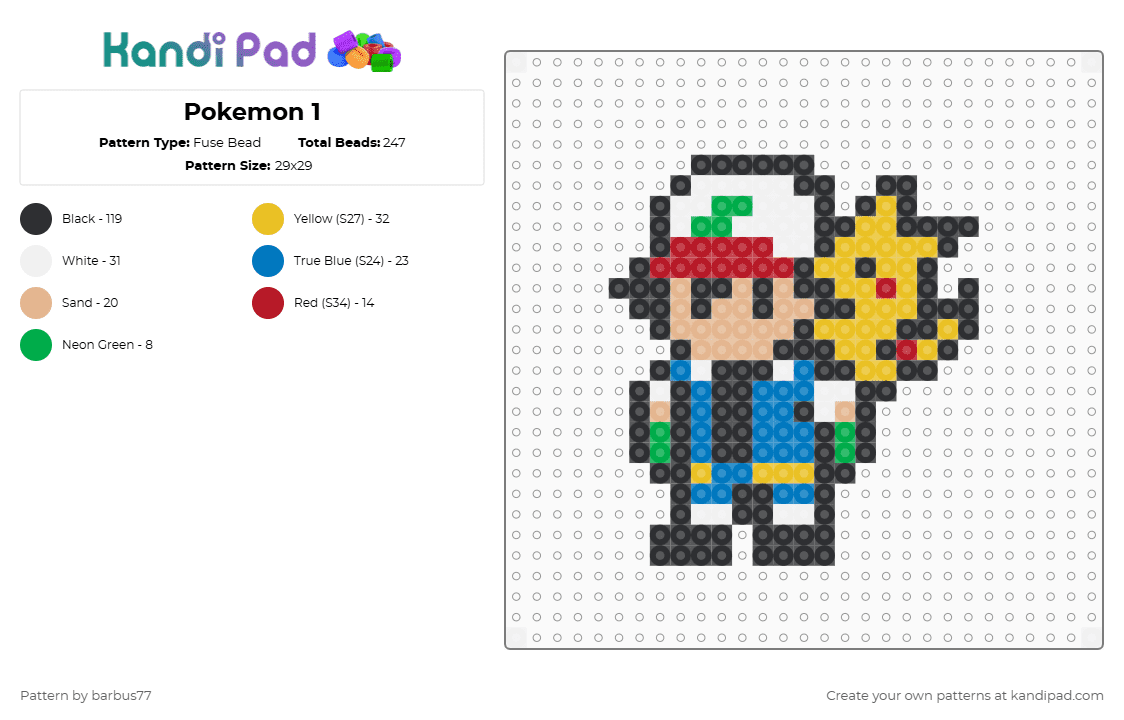 Pokemon 1 - Fuse Bead Pattern by barbus77 on Kandi Pad - black,beige,yellow,blue