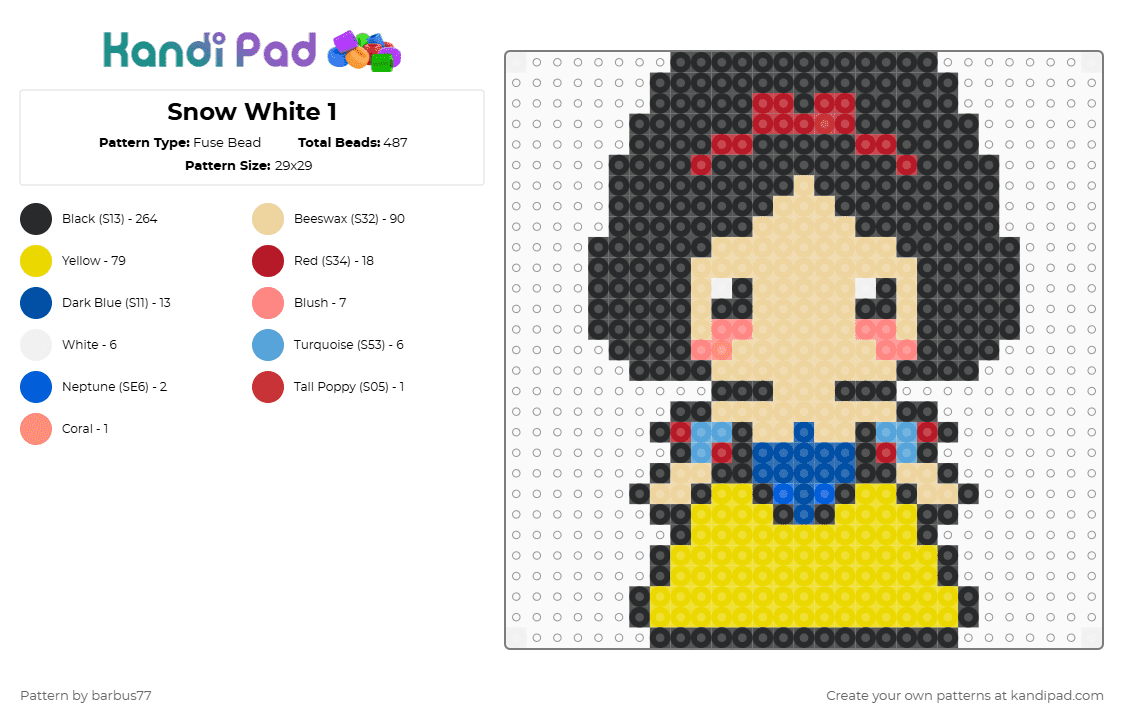 Snow White 1 - Fuse Bead Pattern by barbus77 on Kandi Pad - black,beige,yellow