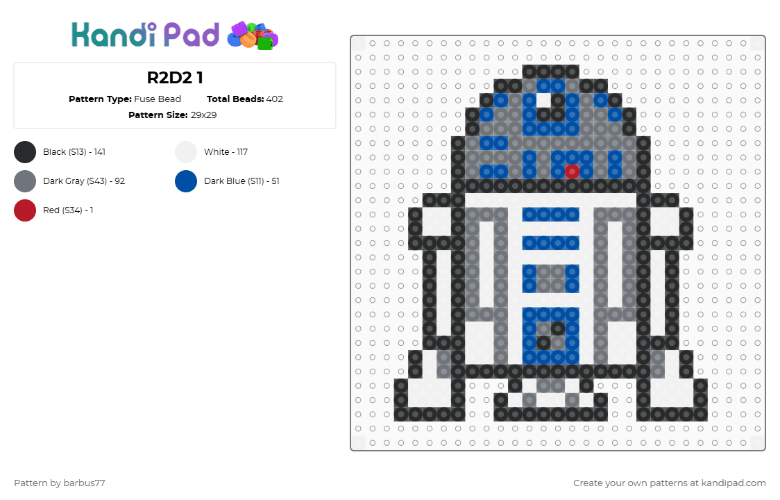 R2D2 1 - Fuse Bead Pattern by barbus77 on Kandi Pad - r2d2,robot,star wars,character,movie,scifi,gray,blue