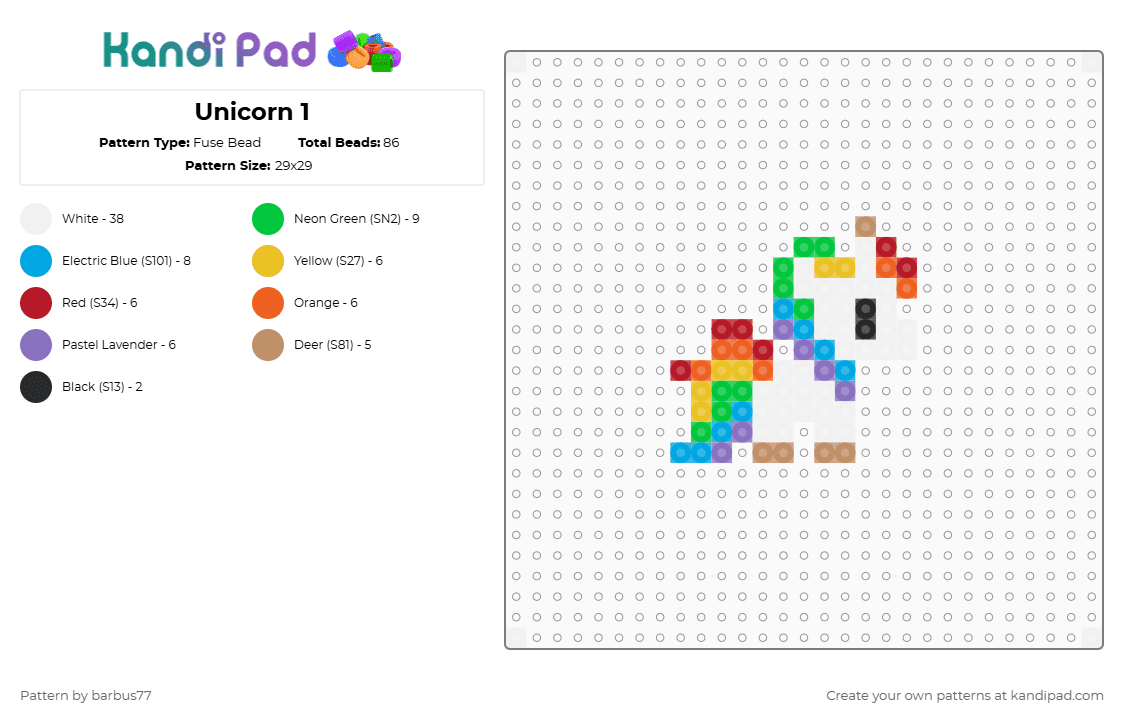 Unicorn 1 - Fuse Bead Pattern by barbus77 on Kandi Pad - white,yellow,orange,blue,colorful