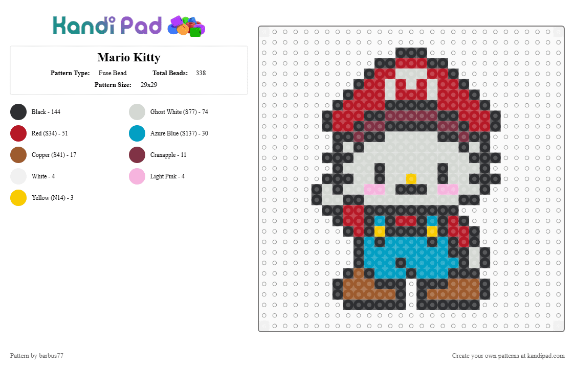 Mario Kitty - Fuse Bead Pattern by barbus77 on Kandi Pad - black,white,light blue,red