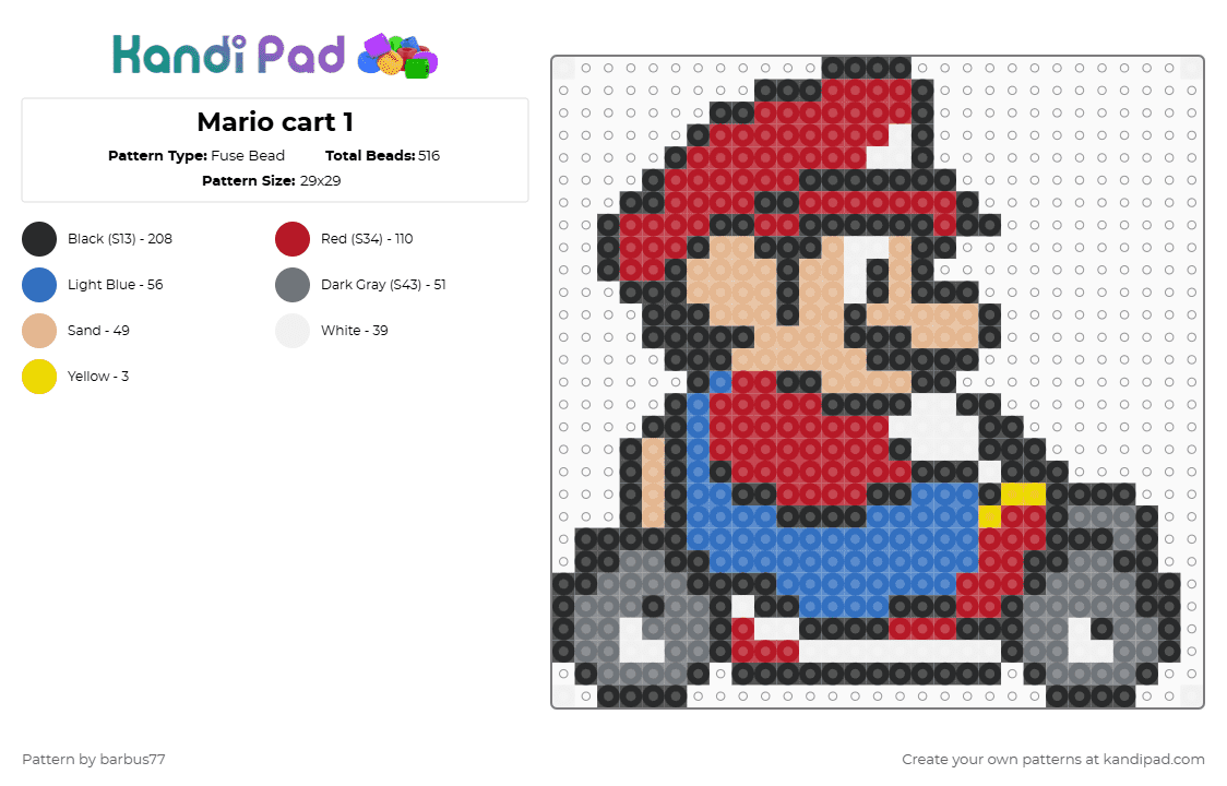 Mario cart 1 - Fuse Bead Pattern by barbus77 on Kandi Pad - red,gray,blue