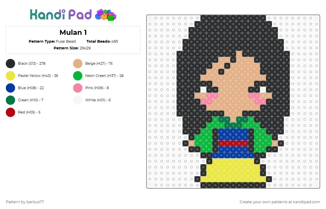 Mulan 1 - Fuse Bead Pattern by barbus77 on Kandi Pad - black,beige,yellow,green